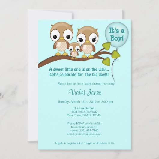 Owl Baby Shower Invitations Boy Mammie Papa Kaart (Voorkant)