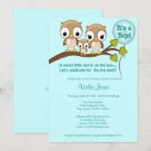 Owl Baby Shower Invitations Boy Mammie Papa Kaart (Voorkant / Achterkant)
