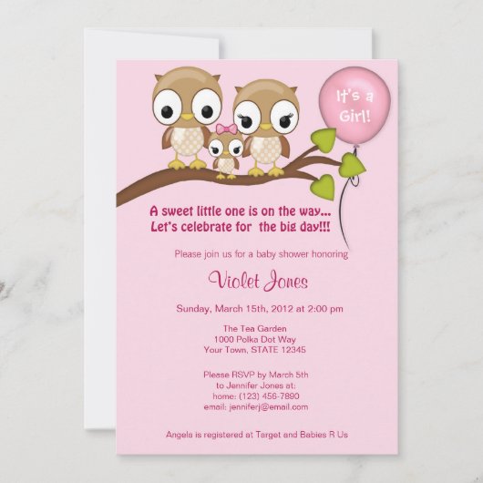 Owl Baby Shower Invitations Girl Mam Dad Kaart (Voorkant)