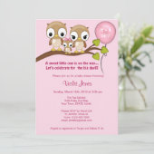 Owl Baby Shower Invitations Girl Mam Dad Kaart (Staand voorkant)