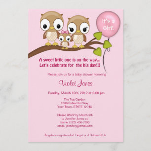 Owl Baby Shower Invitations Girl Mam Dad Kaart