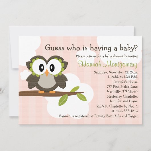 Owl Baby Shower Invites Roze Kaart (Voorkant)