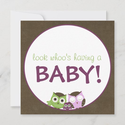 Owl Baby shower | Meisje > bruin, groen en paars Kaart (Voorkant)