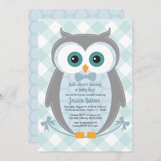 Owl baby shower nodigbos kaart (Voorkant / Achterkant)