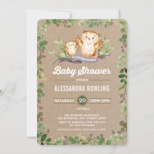 Owl Baby shower Rustic Woodland Greenery Invite Kaart (Voorkant)