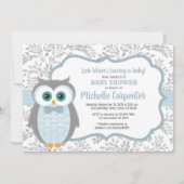 owl baby shower uitnodiging jongen blauw grijs bos (Voorkant)