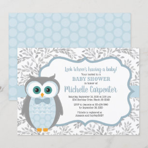 owl baby shower uitnodiging jongen blauw grijs bos