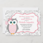owl baby shower uitnodiging meisje roze grijze bos (Voorkant)