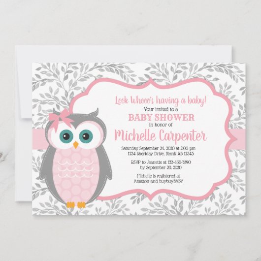 owl baby shower uitnodiging meisje roze grijze bos (Voorkant)