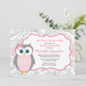 owl baby shower uitnodiging meisje roze grijze bos (Staand voorkant)