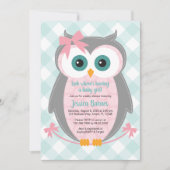 Owl baby shower uitnodiging meisje roze grijze mun (Voorkant)