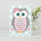 Owl baby shower uitnodiging meisje roze grijze mun (Staand voorkant)