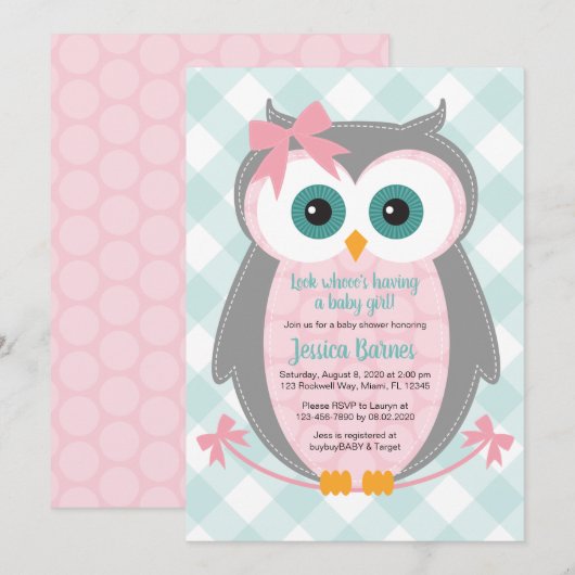 Owl baby shower uitnodiging meisje roze grijze mun (Voorkant / Achterkant)