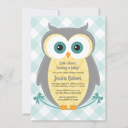 Owl baby shower uitnodiging neutraal geel grijs (Voorkant)