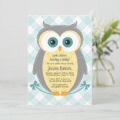 Owl baby shower uitnodiging neutraal geel grijs (Staand voorkant)