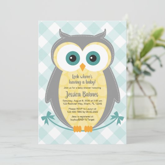 Owl baby shower uitnodiging neutraal geel grijs (Staand voorkant)