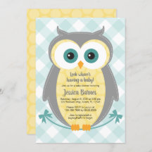 Owl baby shower uitnodiging neutraal geel grijs