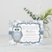 Owl Baby Shower-uitnodigingen, blauw, grijs - 830 Kaart (Staand voorkant)