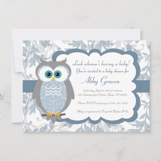 Owl Baby Shower-uitnodigingen, blauw, grijs - 830 Kaart (Voorkant)