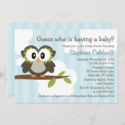 Owl Baby Shower-uitnodigingen nodigt blauw uit Kaart (Voorkant / Achterkant)