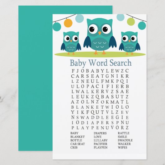 Owl Baby shower Word Search Game (Voorkant / Achterkant)