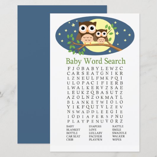 Owl Baby shower Word Search Game (Voorkant / Achterkant)