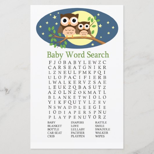 Owl Baby shower Word Search Game (Voorkant)