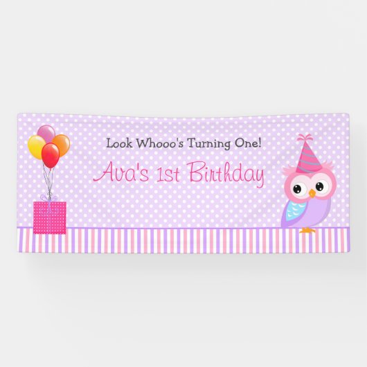 Owl Backdrop Banner (Girl 1st Birthday Party) (Horizontaal)