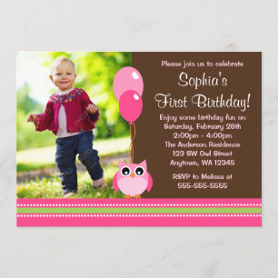 Owl Balloons Bruin Roze Foto Birthday Kaart