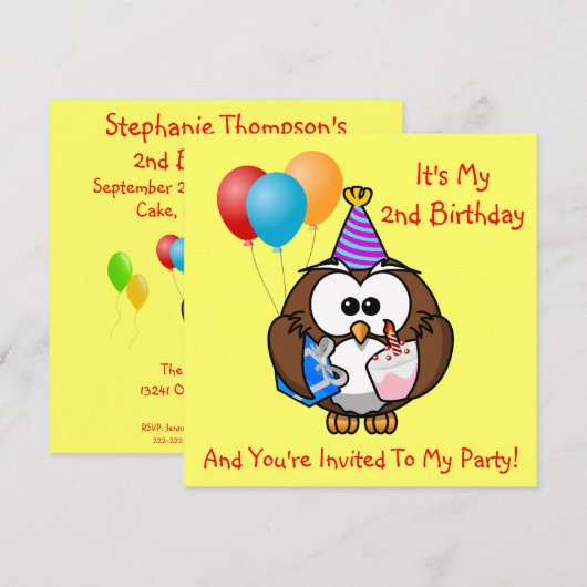 Owl Balloons Cake Kids Birthday Party Custom Year Kaart (Voorkant / Achterkant)