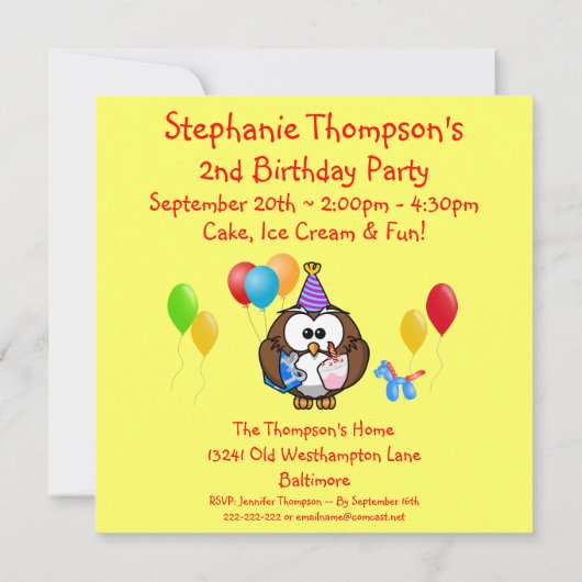 Owl Balloons Cake Kids Birthday Party Custom Year Kaart (Achterkant)