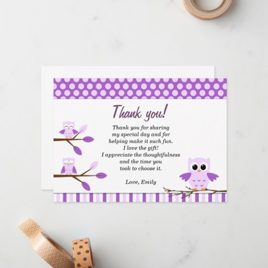 Owl Bedankt Opmerking Paars Notitiekaartje (Voorkant / Achterkant in situ)