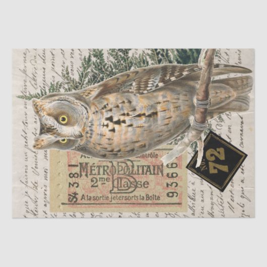 Owl Bird French Script Ephemera Decoupage Tissuepapier (Voorkant)