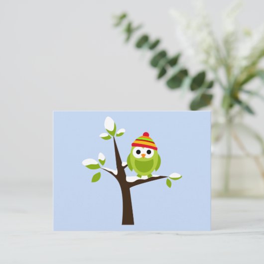 Owl Bird Green Snow Cute Cartoon Briefkaart (Staand voorkant)