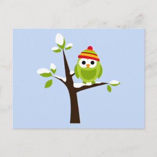 Owl Bird Green Snow Cute Cartoon Briefkaart