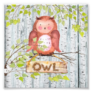 Owl Bird Woodland Friends Waterverf illustratie Foto Afdruk