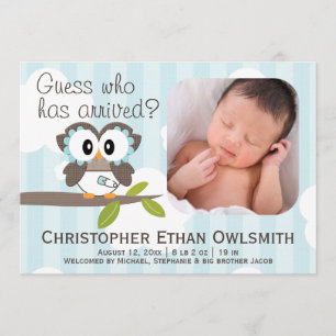 Owl Birth Announcement Boy Aankondiging