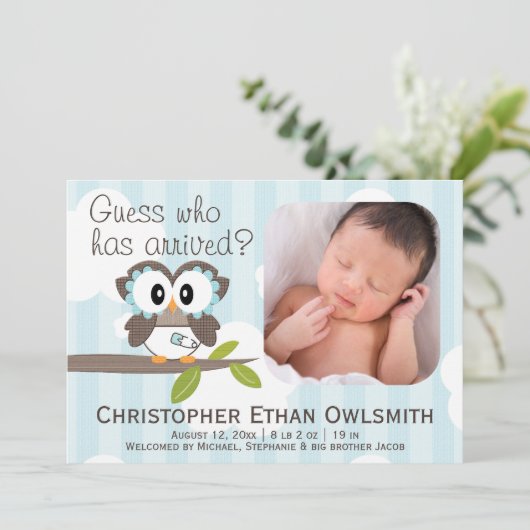 Owl Birth Announcement Boy Aankondiging (Staand voorkant)