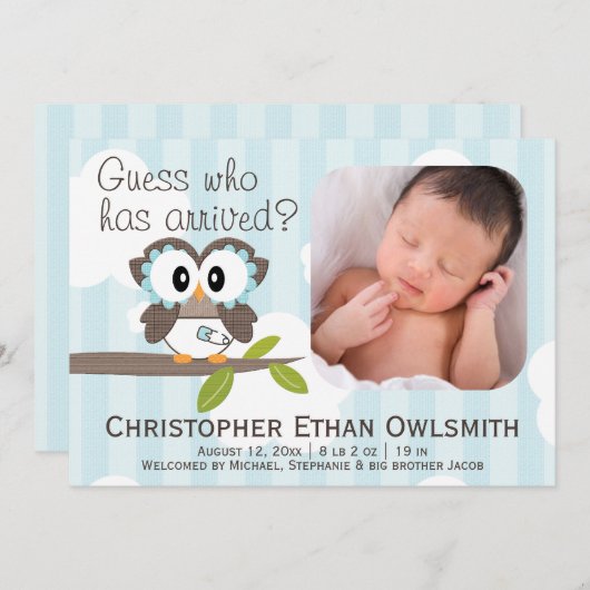 Owl Birth Announcement Boy Aankondiging (Voorkant / Achterkant)