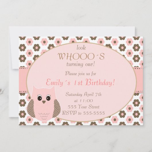 Owl Birthda Invitation Girl Birthday Party Kaart (Voorkant)