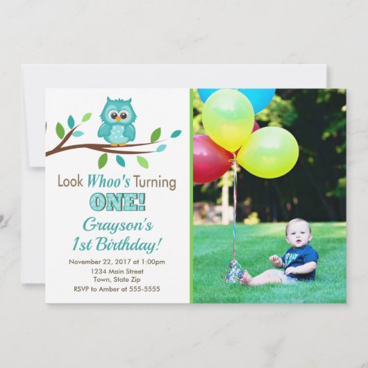 Owl Birthday Invitation, Boy 1st Birthday Kaart (Voorkant)