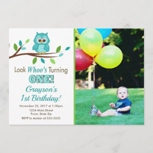 Owl Birthday Invitation, Boy 1st Birthday Kaart
