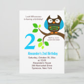 Owl Birthday Invitation for Boys Blue/Green Kaart (Staand voorkant)