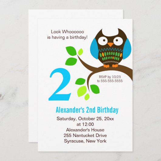 Owl Birthday Invitation for Boys Blue/Green Kaart (Voorkant / Achterkant)