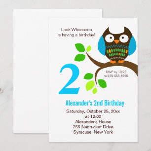 Owl Birthday Invitation for Boys Blue/Green Kaart