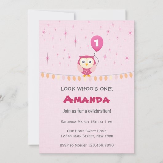 Owl Birthday Invitation for Girl (Roze) Kaart (Voorkant)