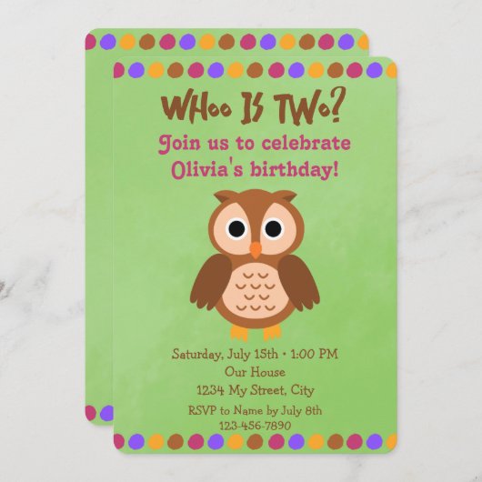 Owl Birthday Invitation Kaart (Voorkant / Achterkant)