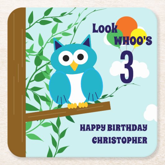 Owl Birthday Kartonnen Onderzetters (Voorkant)