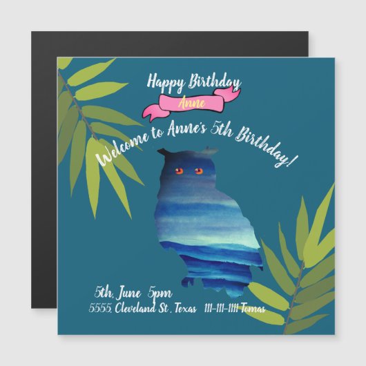 Owl Birthday Magnetische Uitnodiging (Voorkant / Achterkant)