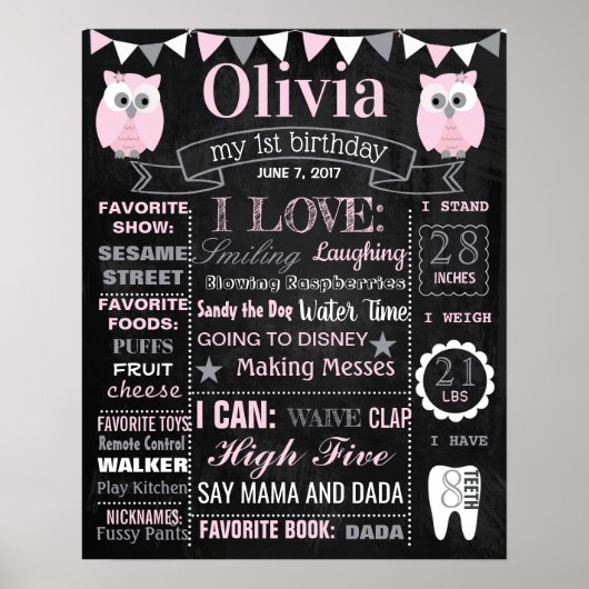 Owl Birthday Party chalkboard sign poster (Voorkant)